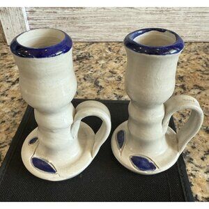 Williamsburg Pottery Salt Glazed Cobalt Blue Leaves Gray Candle Holders Set Of 2